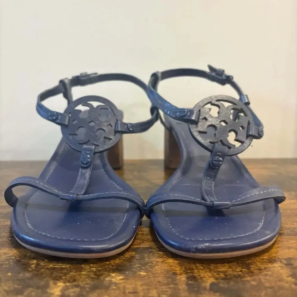 Tory Burch Miller Navy Leather Block Heel Sandals Size 10M